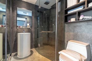 Hair dryer, towels, soap, toilet paper