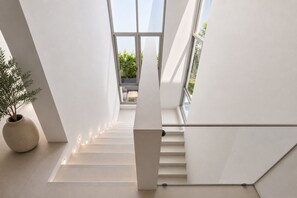 Eine moderne Treppe mit einem Blumentopf, die zu einem hellen Raum mit Blick auf Grünanlagen führt.