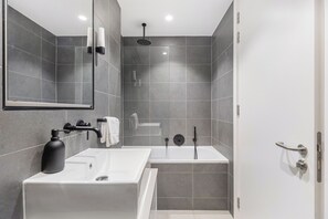 Hair dryer, towels, soap, toilet paper