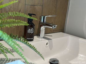 A bathroom sink with a modern faucet, a hand wash bottle, and a potted fern.