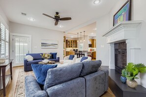 TV, fireplace, books, offices