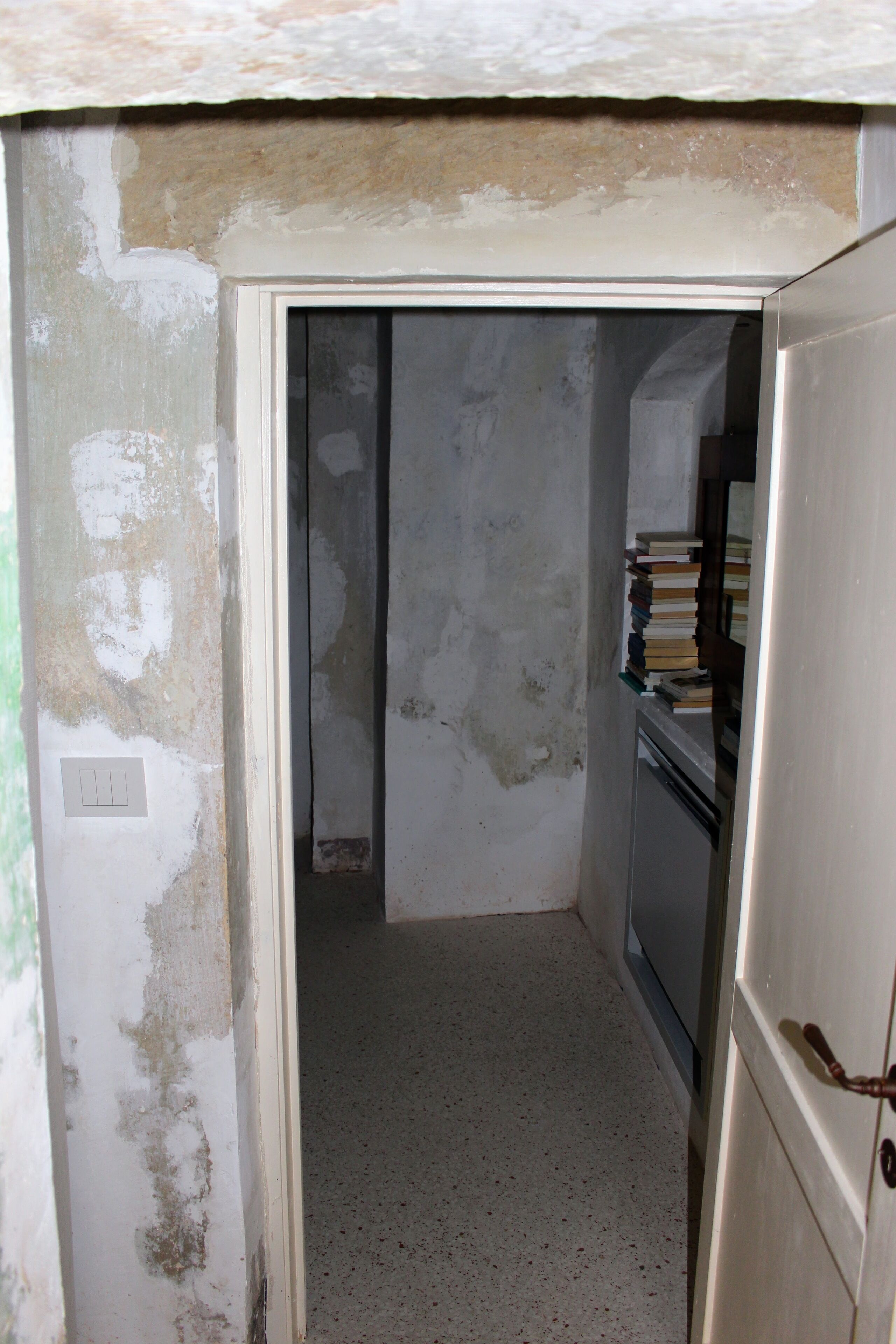 Un couloir étroit aux murs dont la peinture s’écaillait, une porte donnant sur une pièce où se trouvent un réfrigérateur et des étagères à livres.