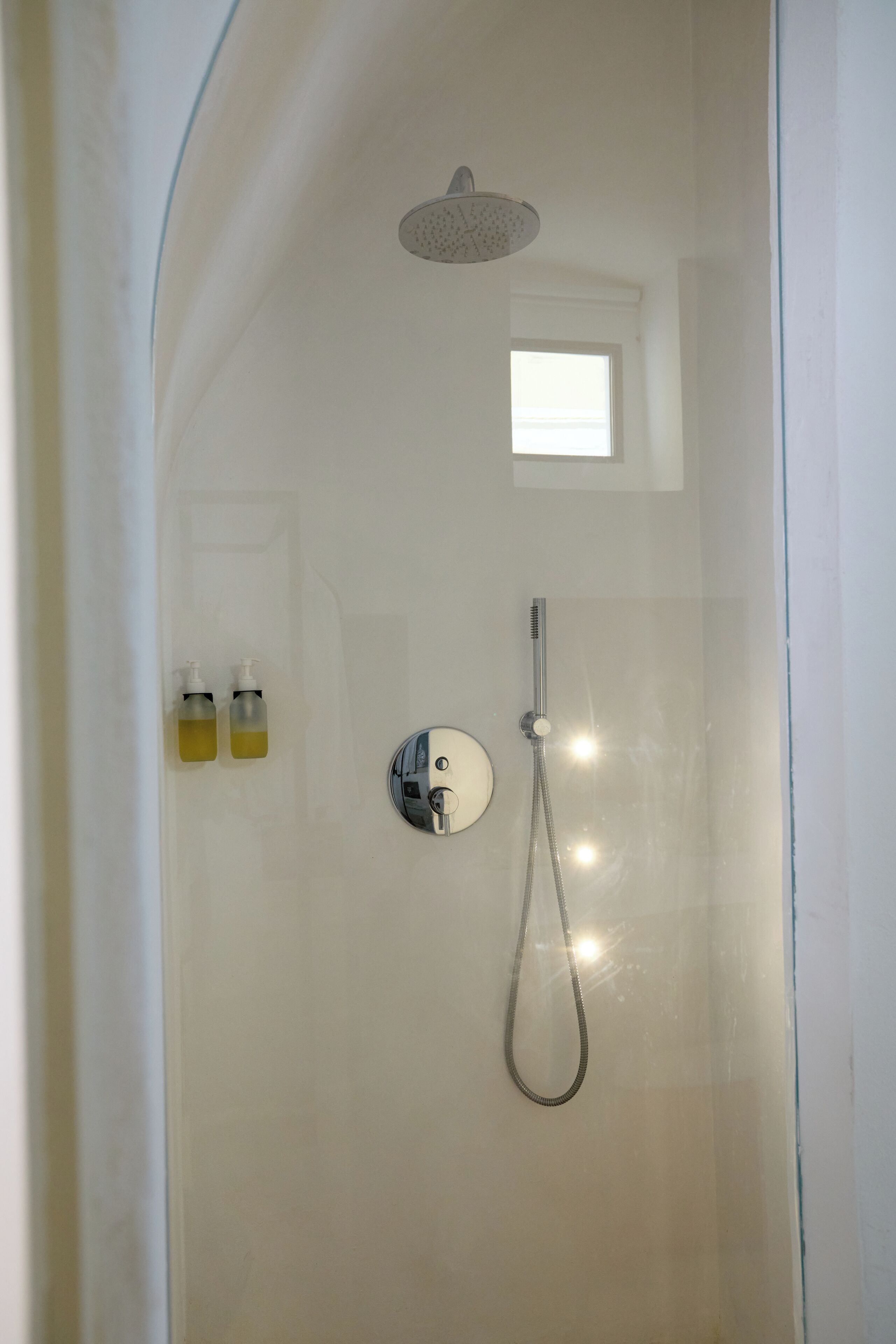Une douche équipée d’un pommeau de douche à main, d’un robinet mural et de deux distributeurs de savon.