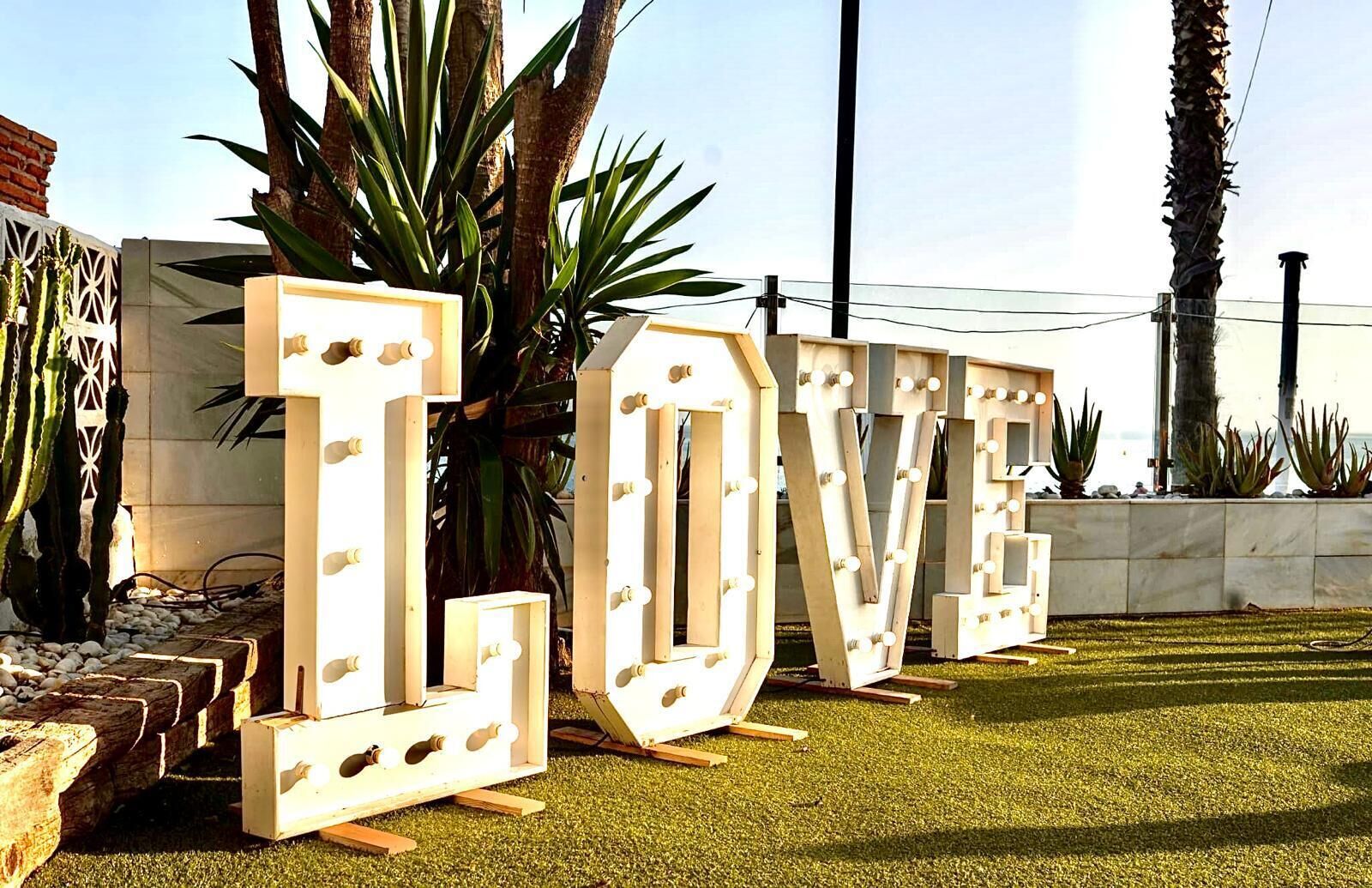 Large illuminated letters spelling "LOVE" on a grassy area with palm trees and a brick wall in the background.