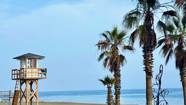A lifeguard tower on a beach with palm trees and a clear sky.