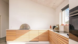 Eine moderne Küche mit Backofen, Spüle und Fenster mit Blick ins Freie.