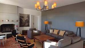 Una televisión, una chimenea, un reproductor de DVD