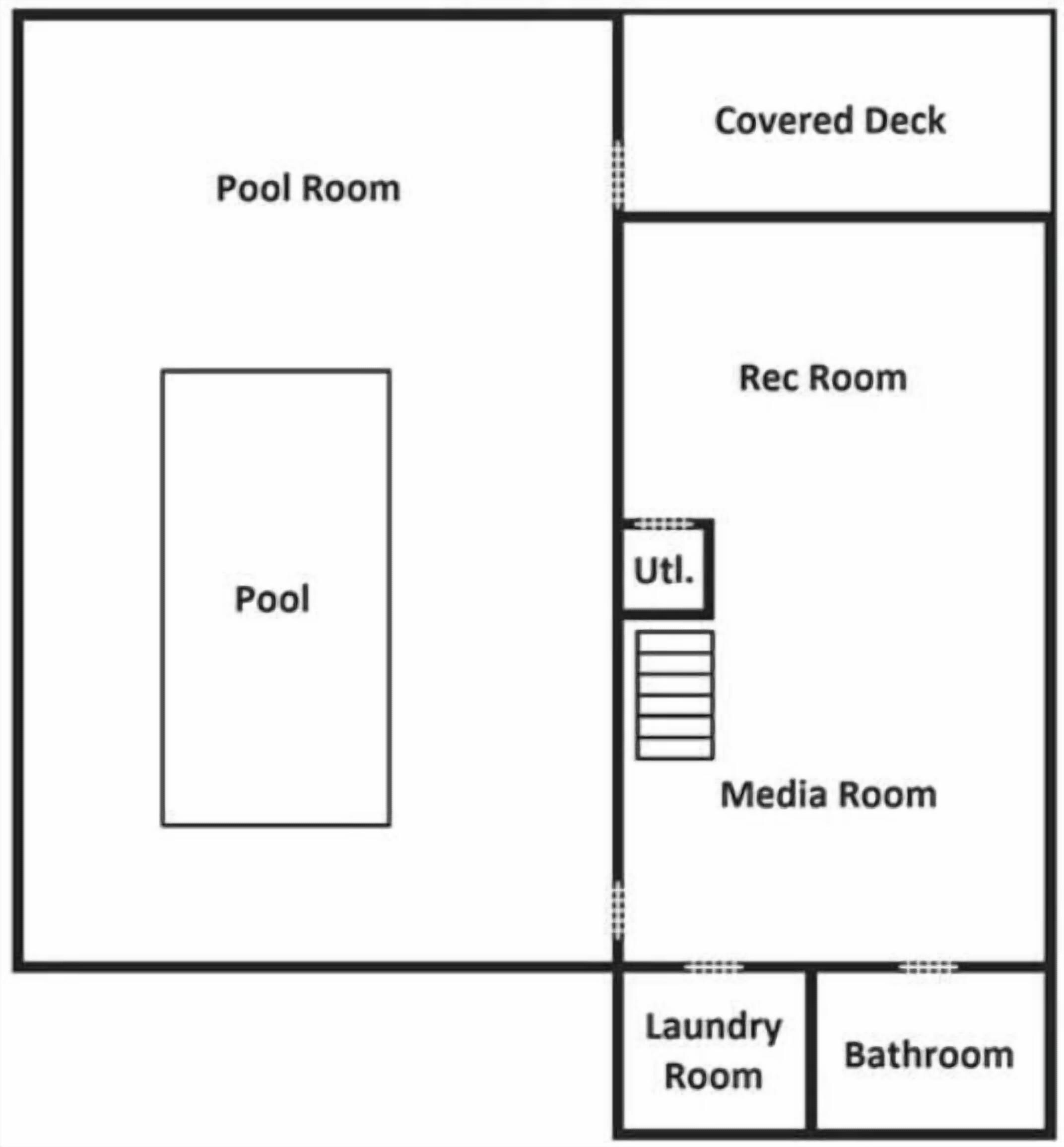 A floor plan with a pool room, covered deck, rec room, media room, laundry room, and bathroom.