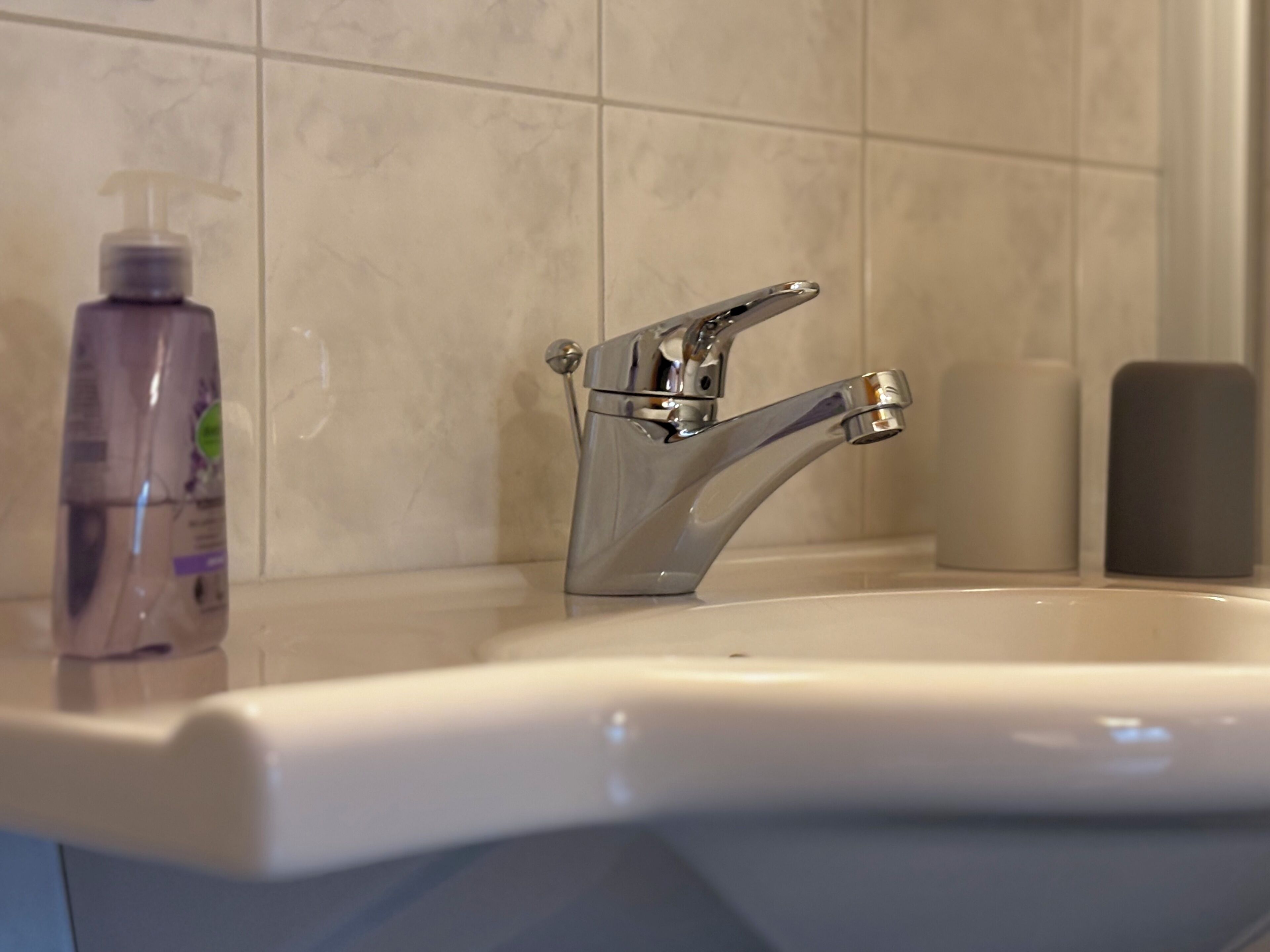 Un lavabo de salle de bain avec un robinet chromé et un flacon de savon liquide posé sur le comptoir.
