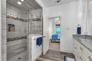 Shower, towels, soap, toilet paper