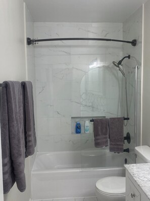 Shower, hair dryer, towels, soap