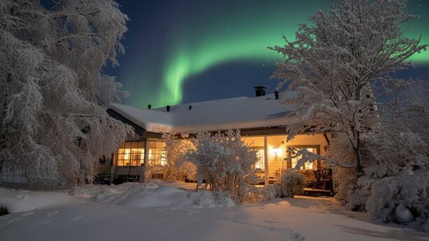 A snow-covered house with a modern design, surrounded by trees, under a night sky with the aurora borealis.