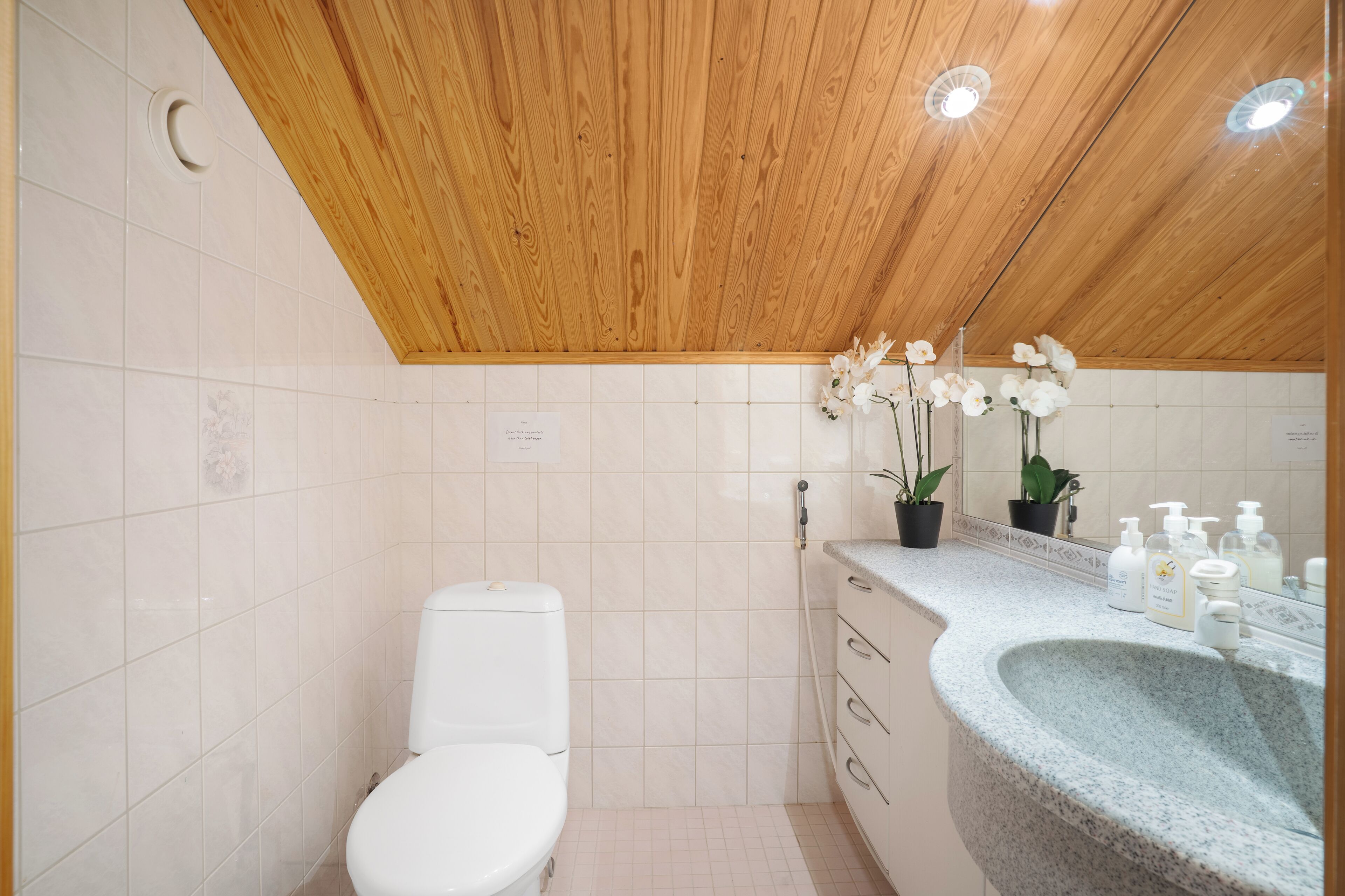Et badeværelse med toilet, vask og spejl.