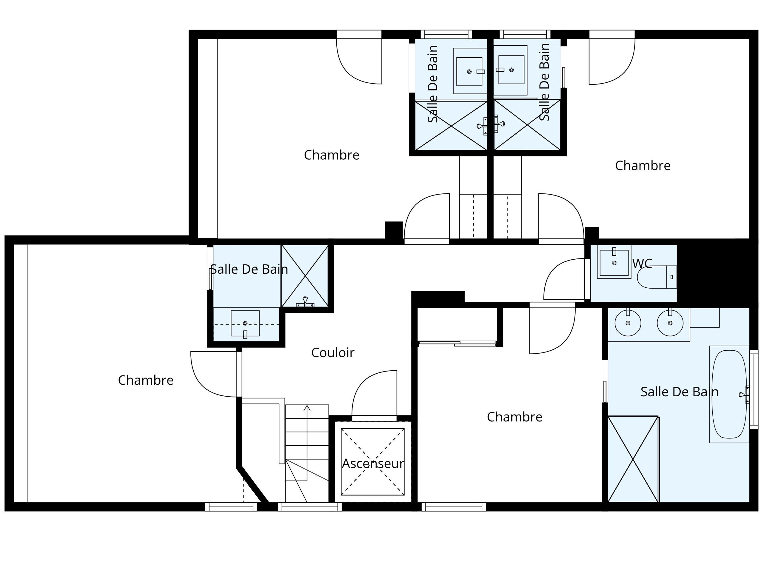 Plano de planta de un hotel con varias habitaciones, baños, sala de estar y cocina.