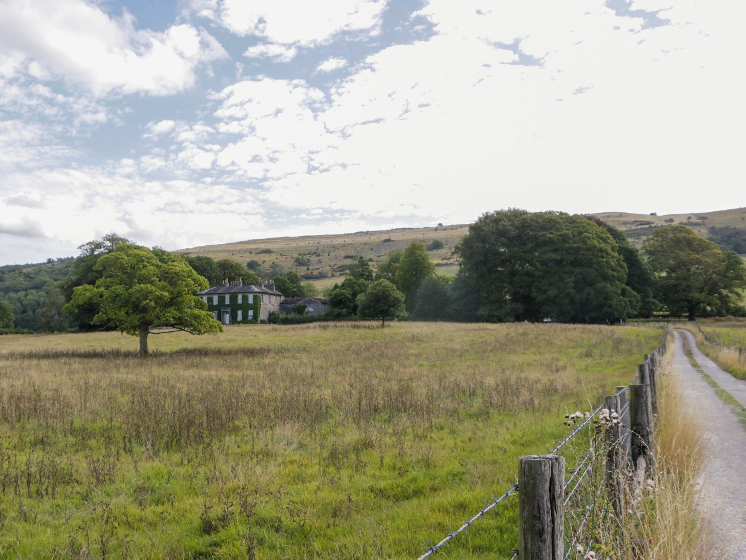 A rural landscape with a road, a wooden fence, and a green house.