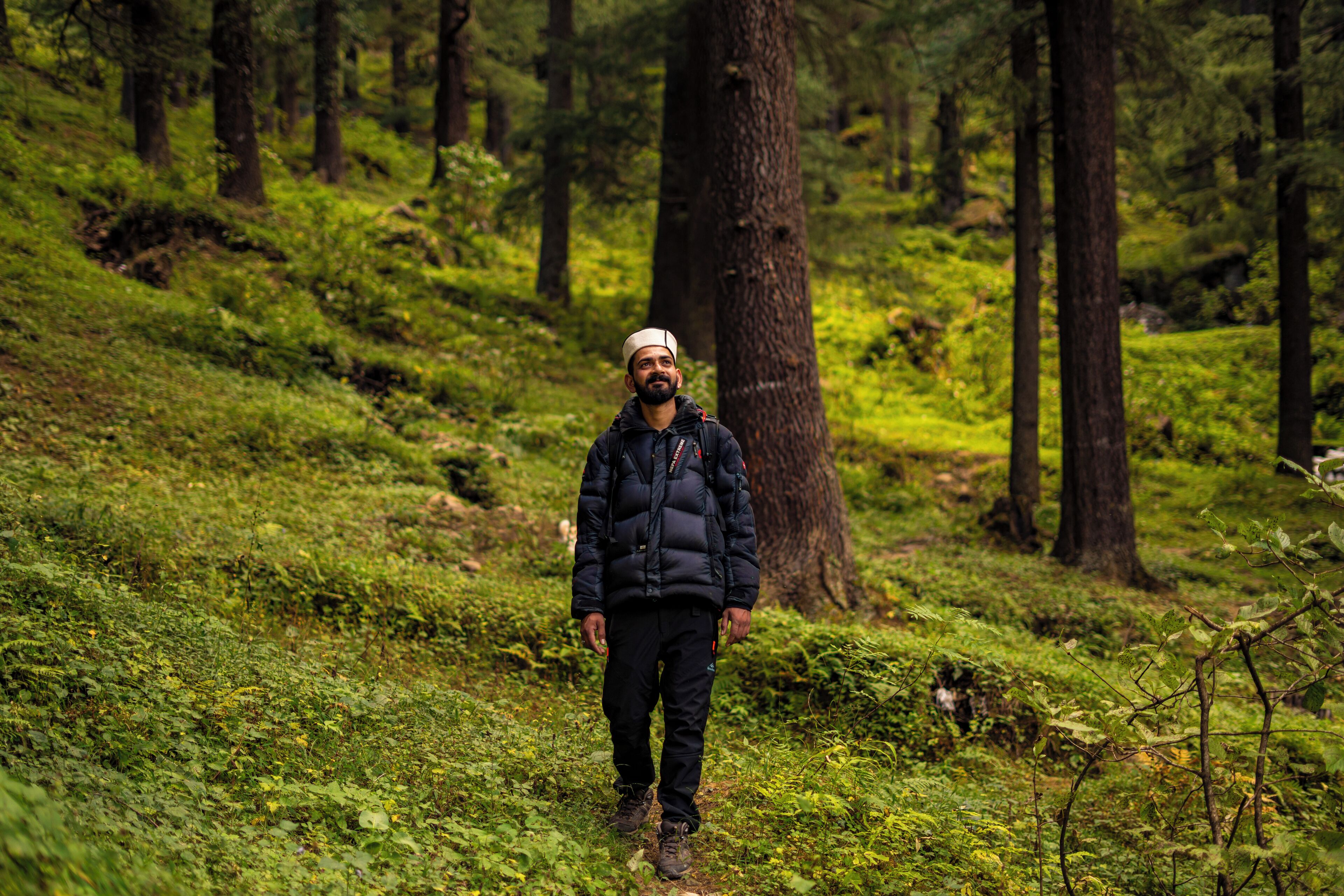 Uma pessoa parada em área arborizada, cercada por vegetação densa e árvores.