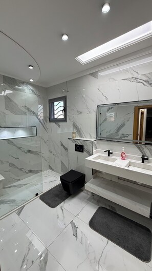 Shower, towels, soap, toilet paper
