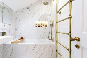 Hair dryer, bidet, towels, soap