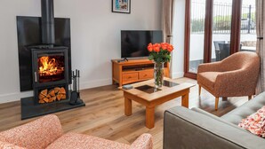 A living room with a wood-burning stove, a TV, a coffee table, and a sofa. - Butterfly Days (Bideford)
