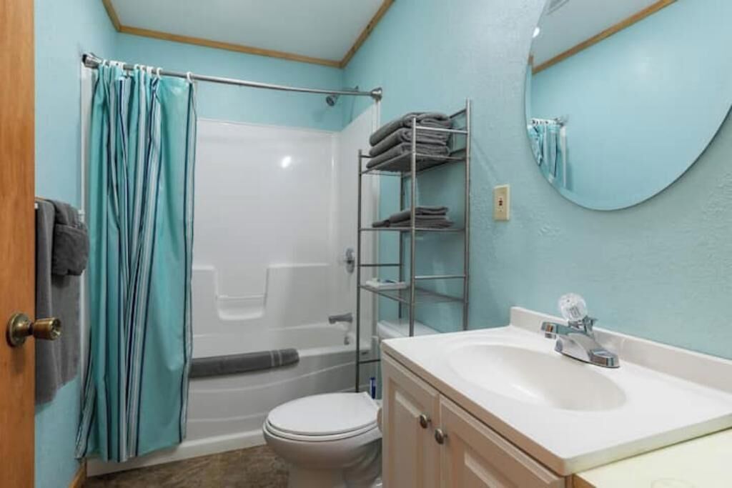 Un bagno con doccia, WC e lavandino.