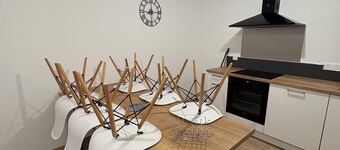 Room with bathroom and toilet in shared apartment, kitchen