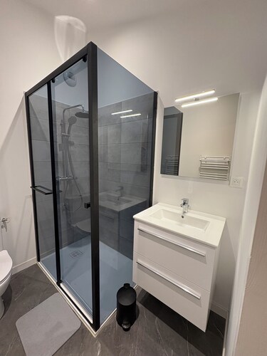 Room with bathroom and toilet in shared apartment, kitchen
