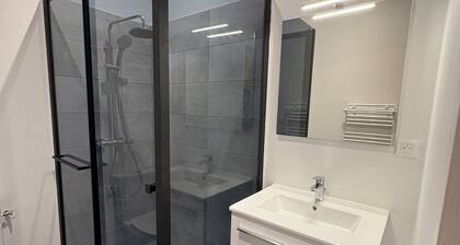 Room with bathroom and toilet in shared apartment, kitchen