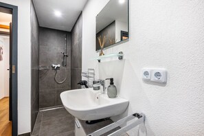 Douche, séchoir à cheveux, serviettes fournies