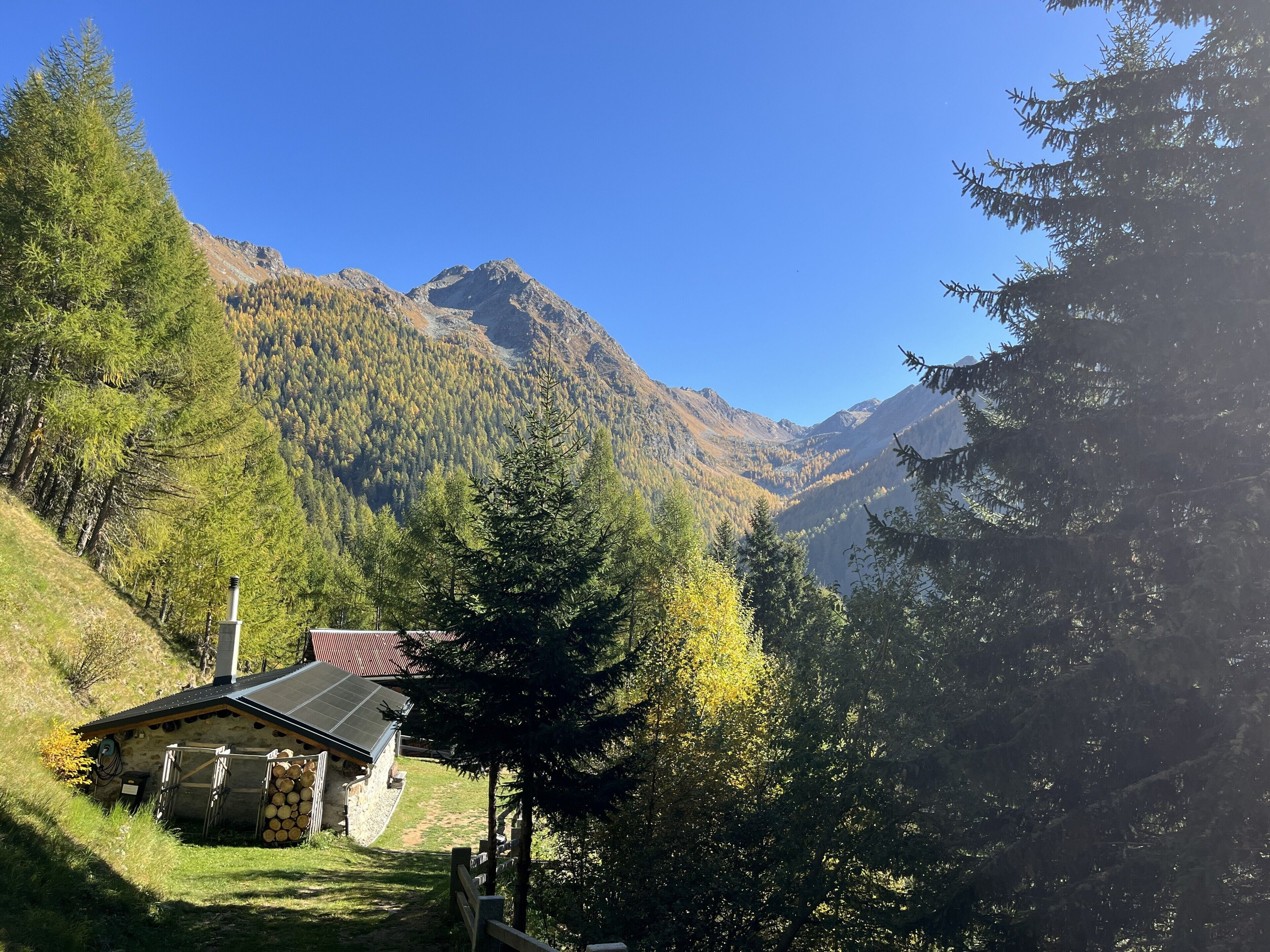 Un chalet de montagne doté d’un toit recouvert de panneaux solaires, entouré d’une forêt dense et de montagnes.