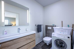 Shower, towels, toilet paper