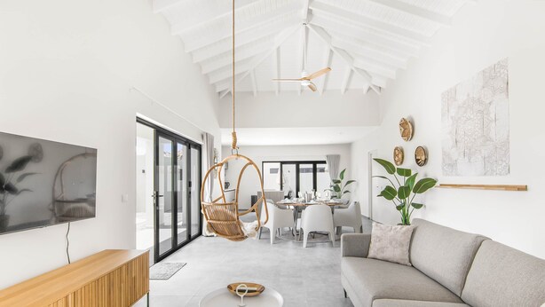 A modern living room with a sofa, TV, and a hanging chair.