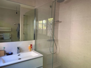 Shower, hair dryer, soap, toilet paper