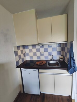 Fridge, microwave, stovetop, coffee/tea maker