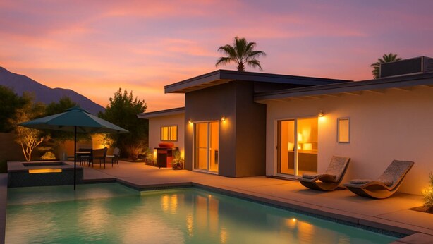 A modern house with a swimming pool, outdoor seating, and a sunset view. - Private Pool and Spa in Palm Springs with Mid Century Style and Mountain Views (Palm Springs)