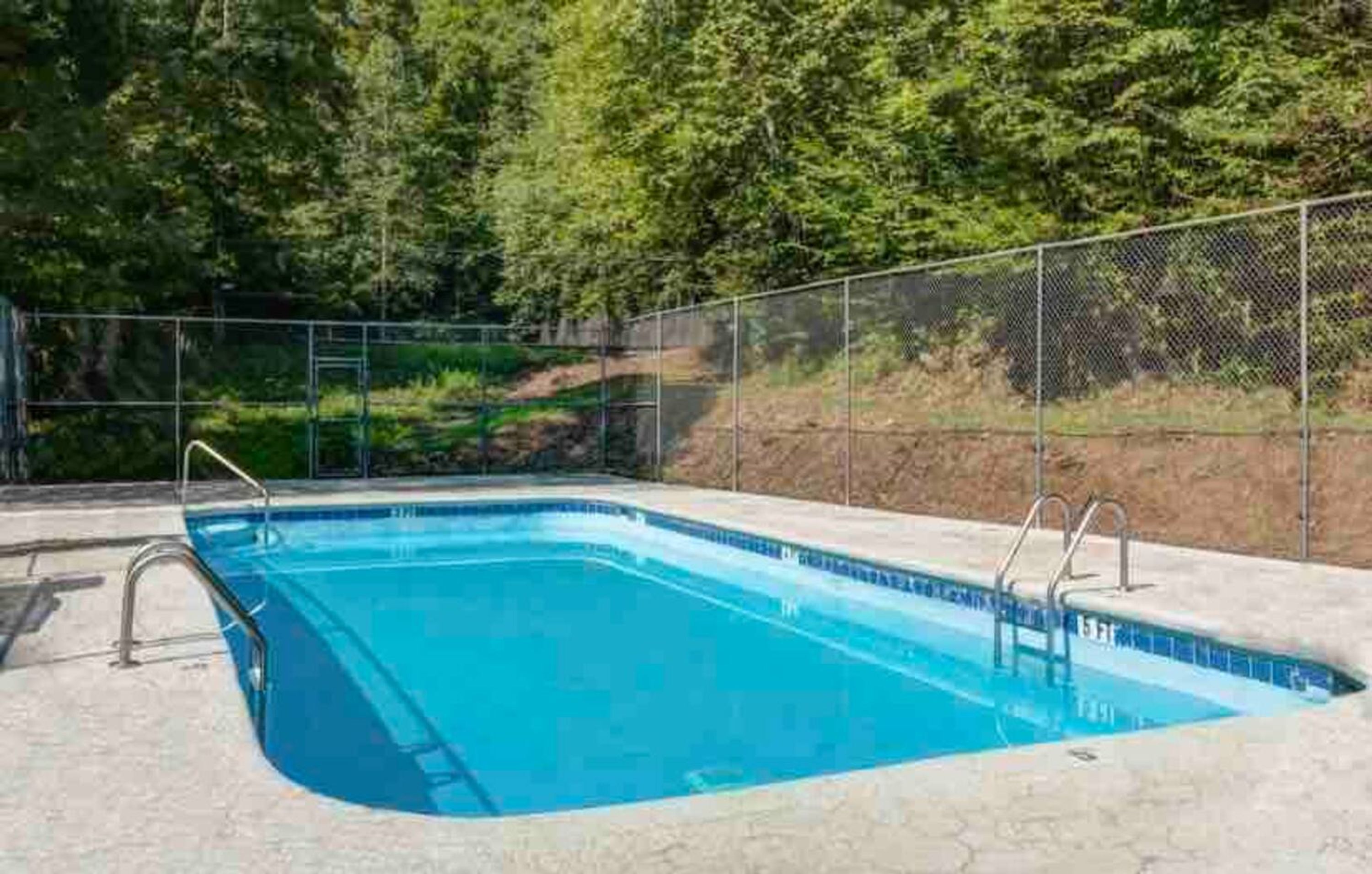 A rectangular swimming pool with a tiled edge, surrounded by a metal fence, set against a backdrop of dense green foliage.
