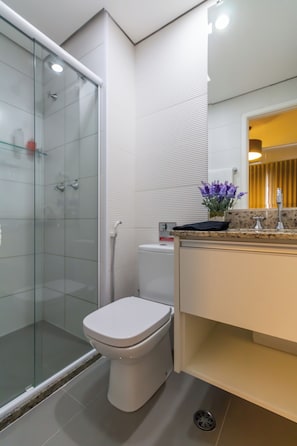 Hair dryer, towels, soap, toilet paper