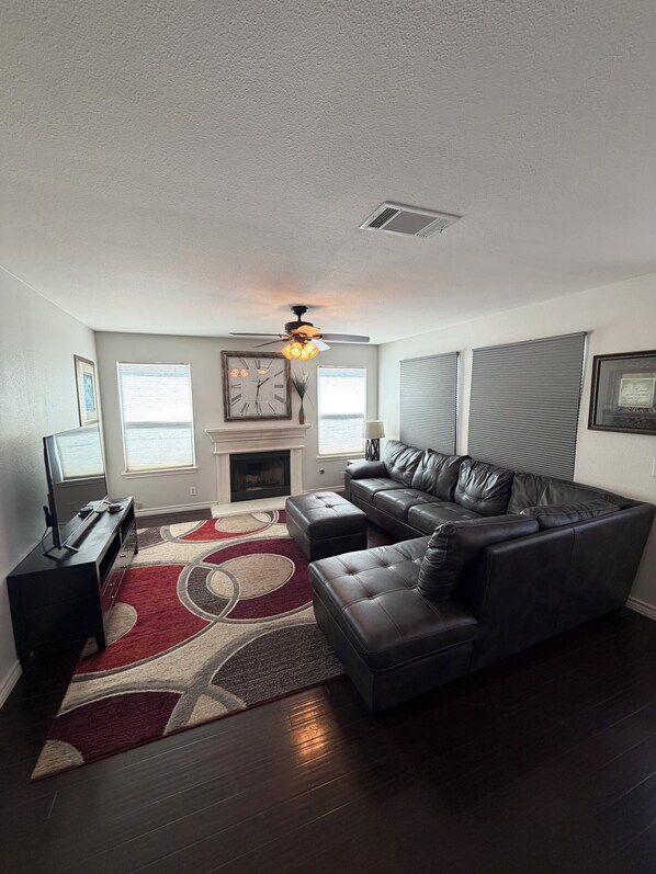 Smart TV, fireplace, books