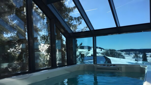 Una piscina interna vetrata con vista su un paesaggio innevato.