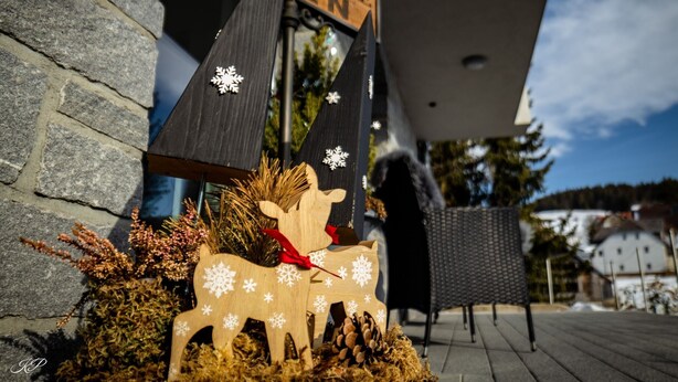 A wooden sign with 'WELCOME OPEN' and a snowflake decoration. - Apartment 'Halali' with Spa Area and Mountain View (Ibach)