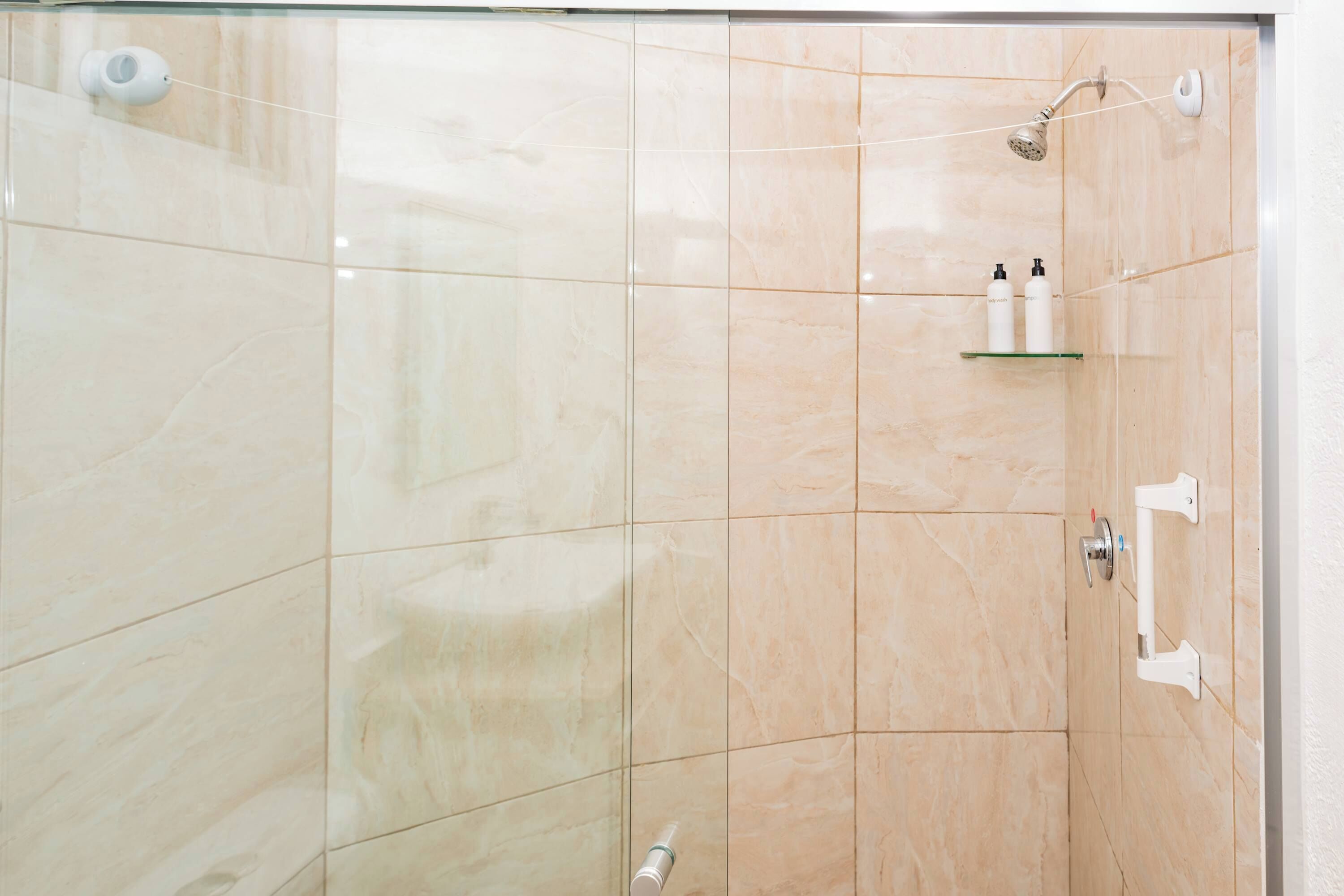 Shower, hair dryer, towels