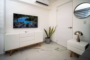 Télévision, cheminée, espaces bureaux