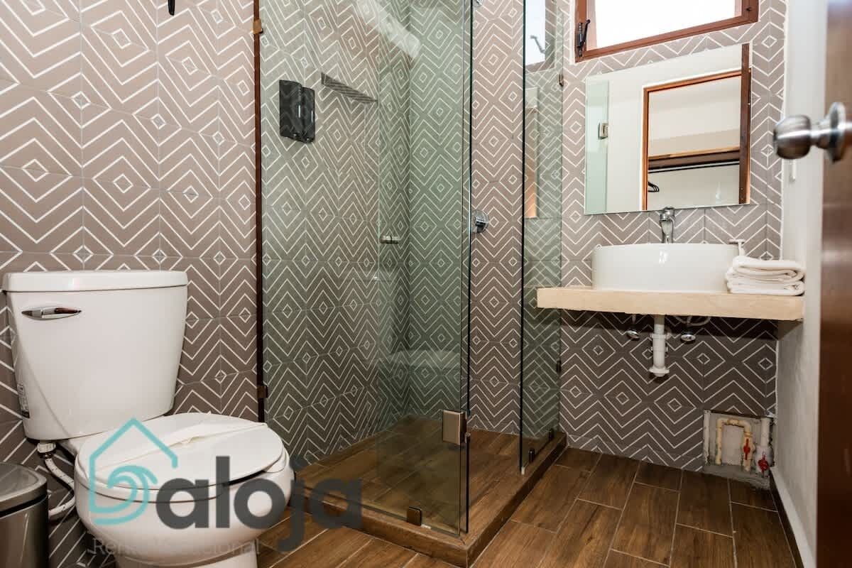 A bathroom with a toilet, a glass-enclosed shower, and a sink with a mirror above it.