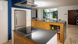 A modern kitchen with a built-in stove, stainless steel appliances, and a glass-top island. - Magnificent 2 blocks from the beach and 5th Ave. (Playa del Carmen)