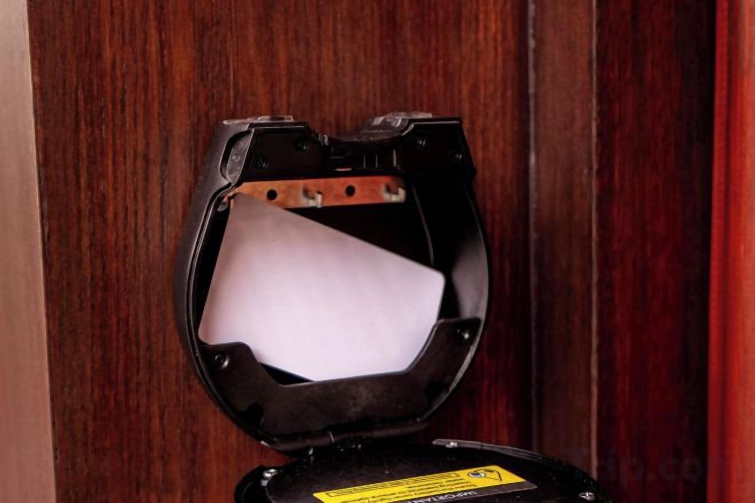 Des toilettes avec un abattant et un couvercle visibles, placées devant un fond constitué d’une porte en bois.