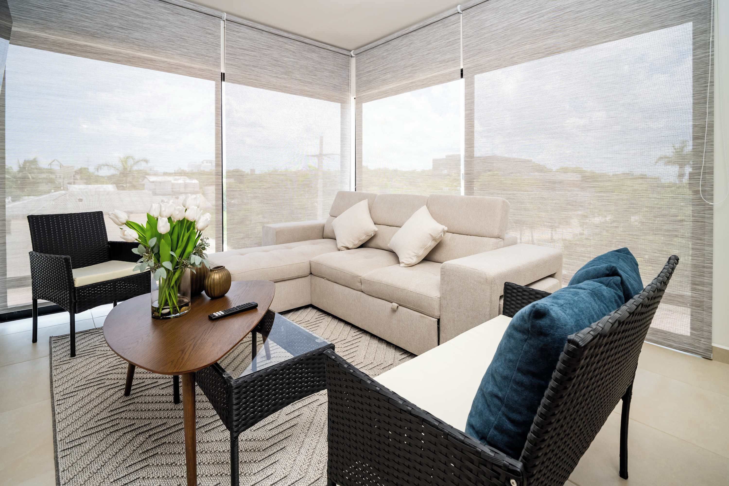 Televisión, chimenea y oficina 