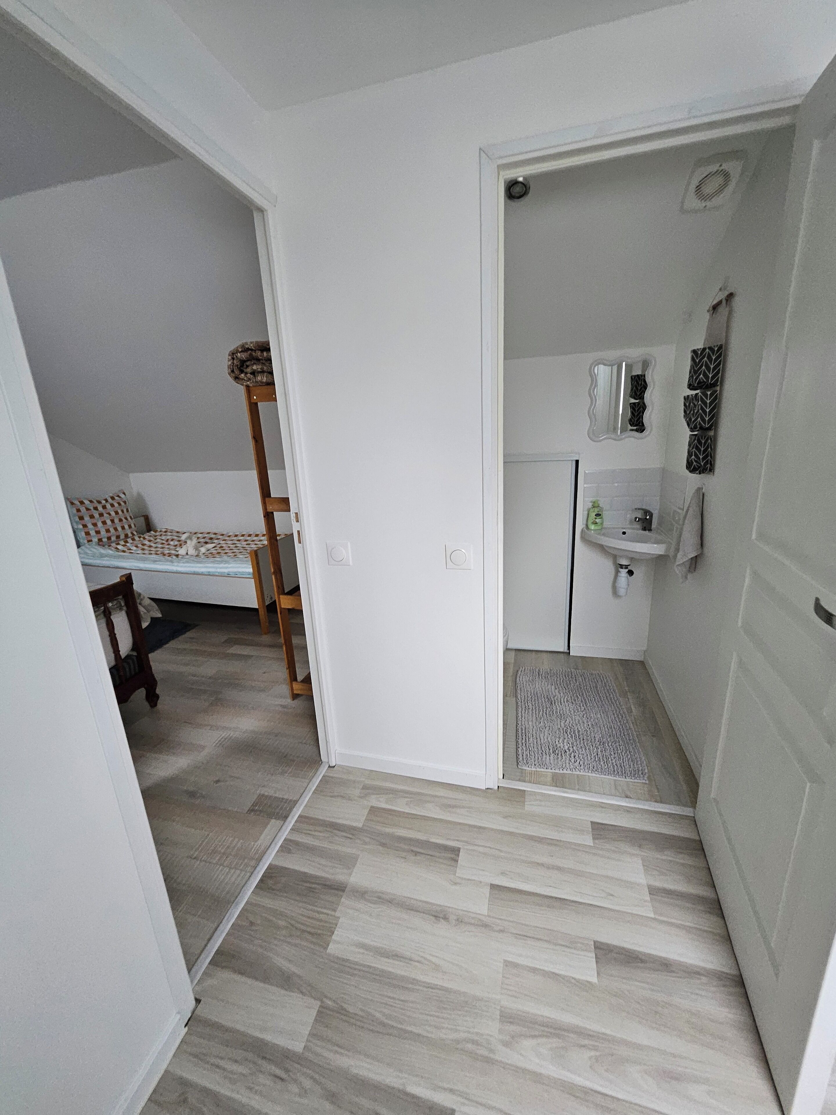 A compact room with a bunk bed, a small bathroom with a sink and mirror, and a wooden floor.