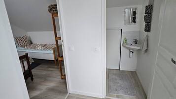 A compact room with a bunk bed, a small bathroom with a sink and mirror, and a wooden floor.