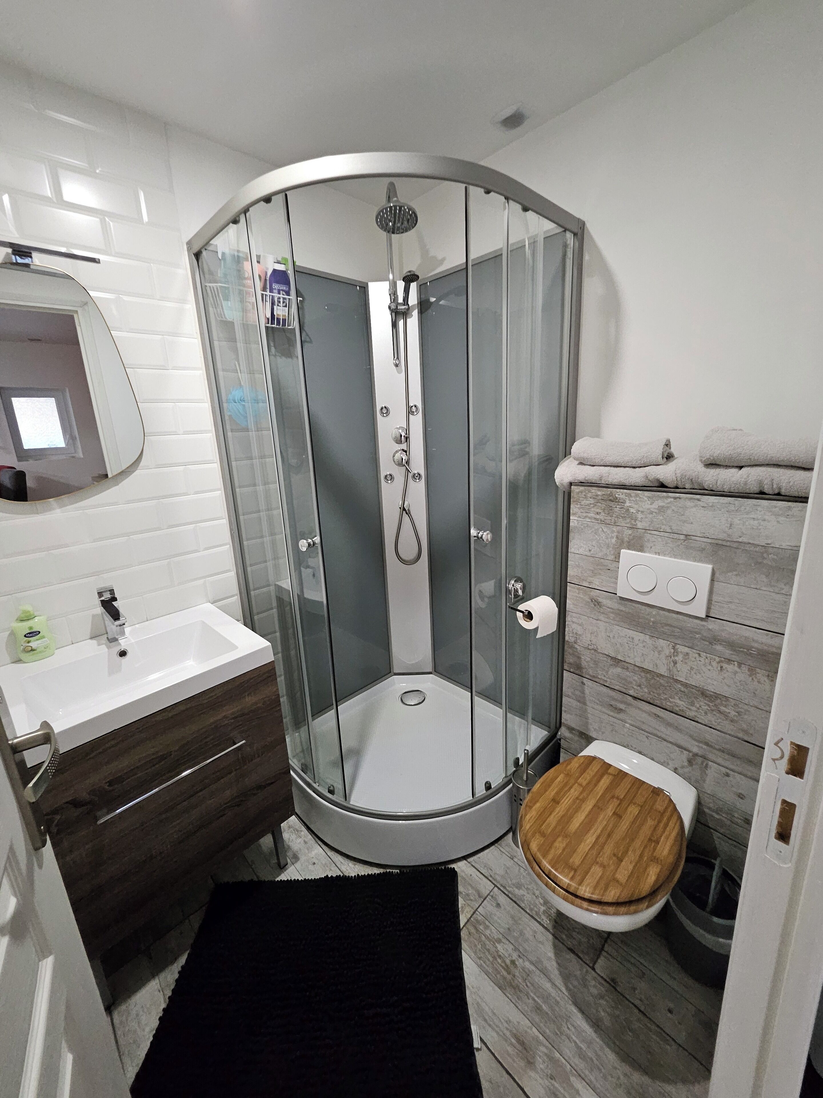 Shower, hair dryer, towels, toilet paper