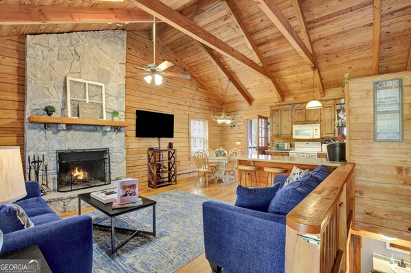 Smart TV, fireplace, video games, DVD player