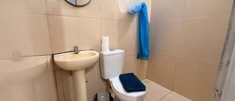 Un baño con lavamanos, inodoro y un espejo en la pared.